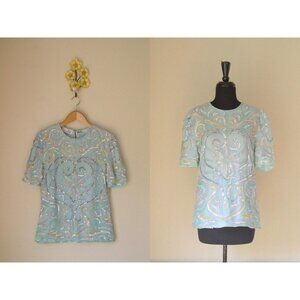 Vintage 1980's Laurence Kazar Trophy Top Beaded Sequin Silk Disco Shirt